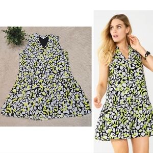 Nine West Black, White, and Chartreuse Patterned Ruffle Hem Dress, Size Large